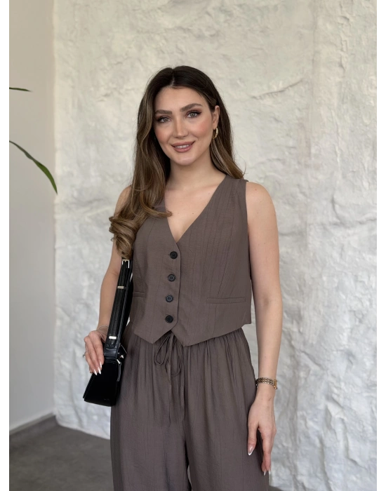 Şalvar pantolon yelekli takım vizon