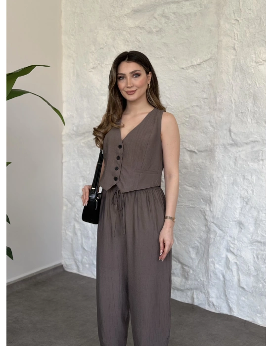 Şalvar pantolon yelekli takım vizon