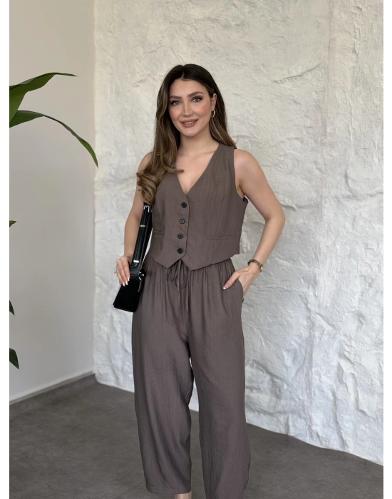 Şalvar pantolon yelekli takım vizon