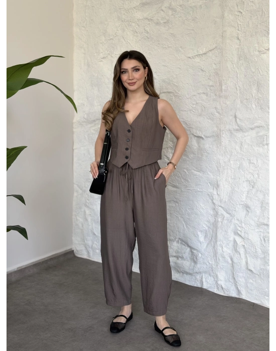 Şalvar pantolon yelekli takım vizon