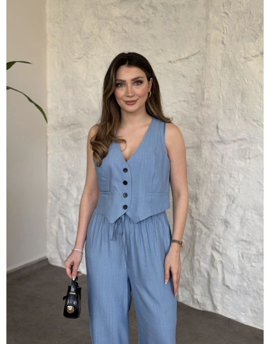 Şalvar pantolon yelekli takım bebek mavisi