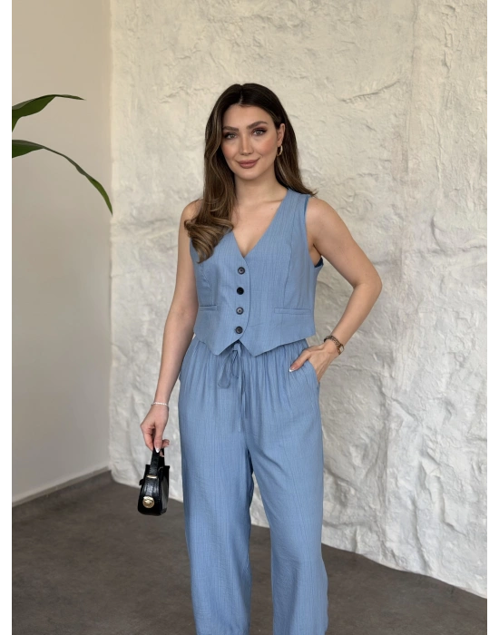 Şalvar pantolon yelekli takım bebek mavisi