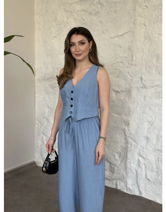 Şalvar pantolon yelekli takım bebek mavisi