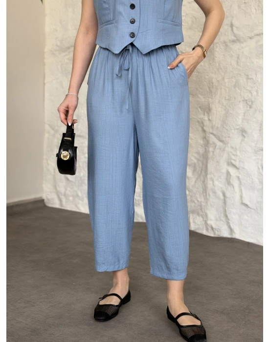 Şalvar pantolon yelekli takım bebek mavisi