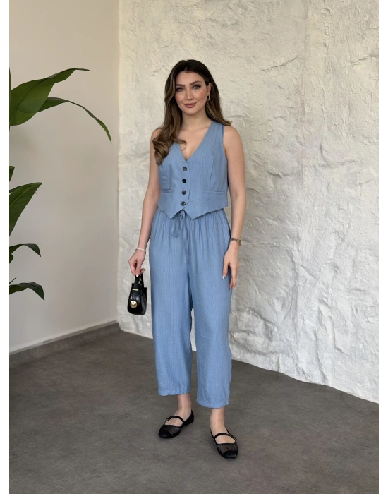 Şalvar pantolon yelekli takım bebek mavisi