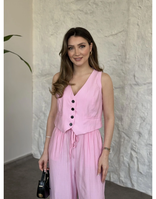 Şalvar pantolon yelekli takım pembe