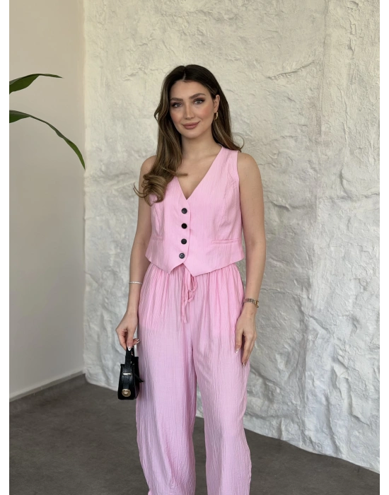 Şalvar pantolon yelekli takım pembe