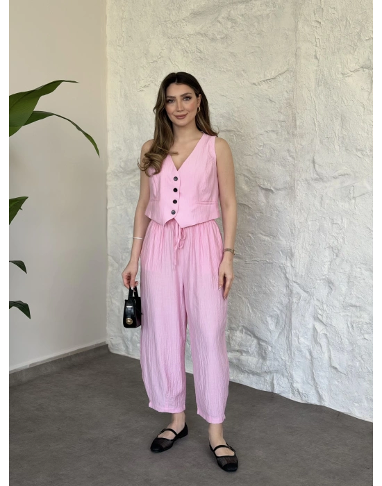 Şalvar pantolon yelekli takım pembe