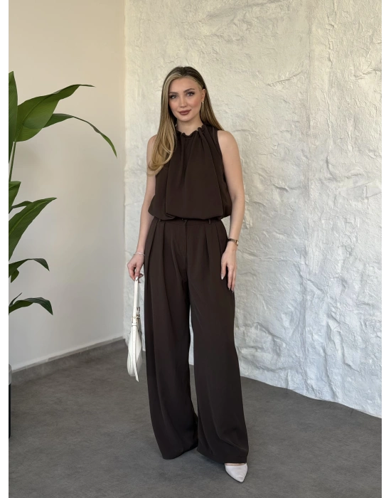 Boyun büzgü ip detaylı takım kahve