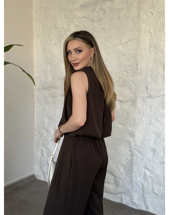 Boyun büzgü ip detaylı takım kahve