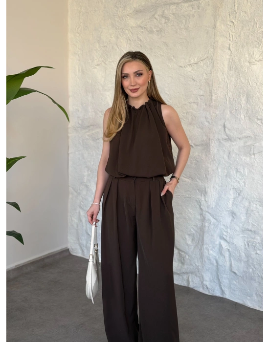 Boyun büzgü ip detaylı takım kahve