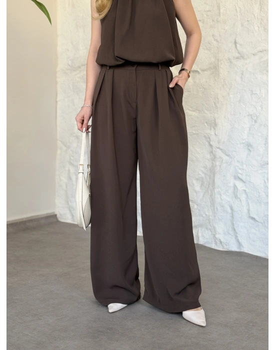 Boyun büzgü ip detaylı takım kahve