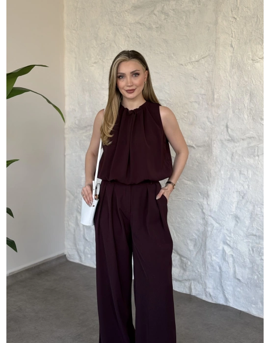 Boyun büzgü ip detaylı takım bordo