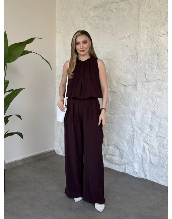 Boyun büzgü ip detaylı takım bordo