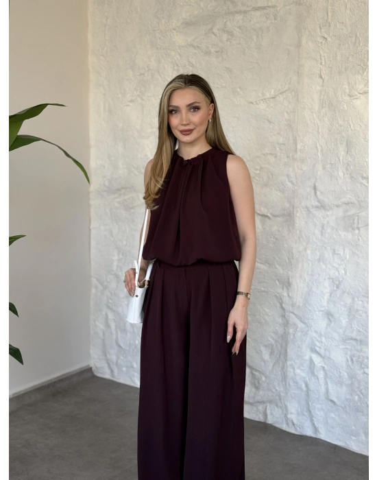 Boyun büzgü ip detaylı takım bordo