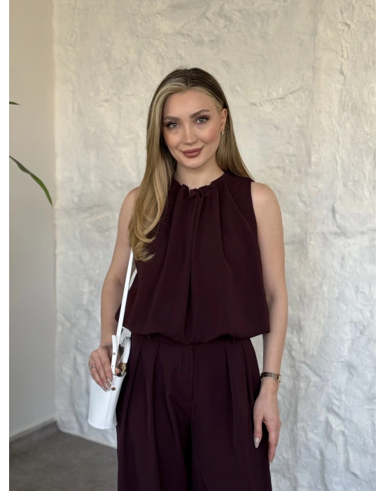 Boyun büzgü ip detaylı takım bordo