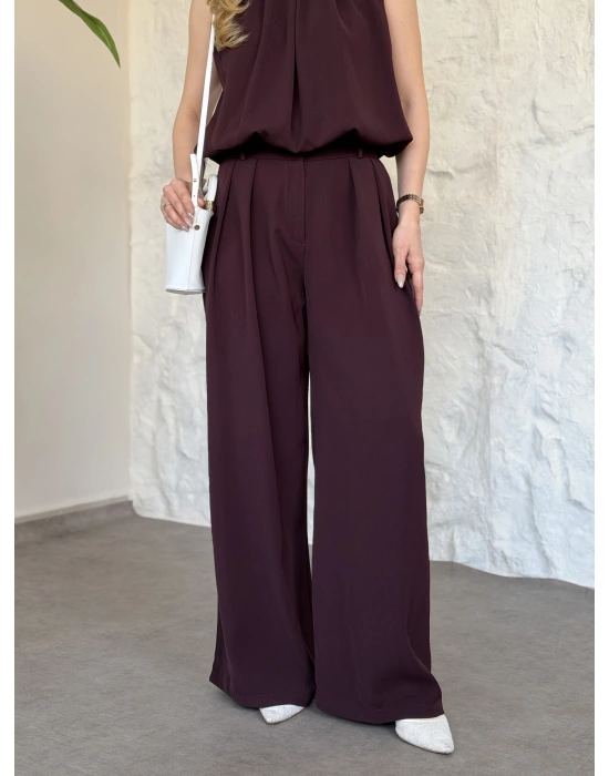 Boyun büzgü ip detaylı takım bordo