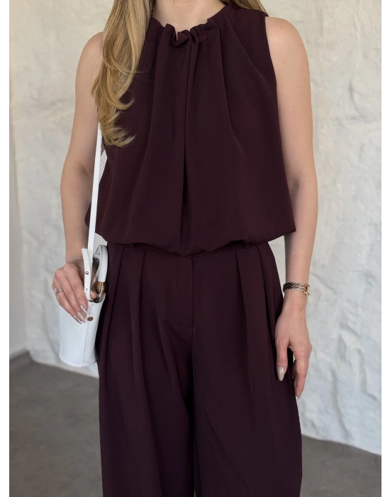 Boyun büzgü ip detaylı takım bordo