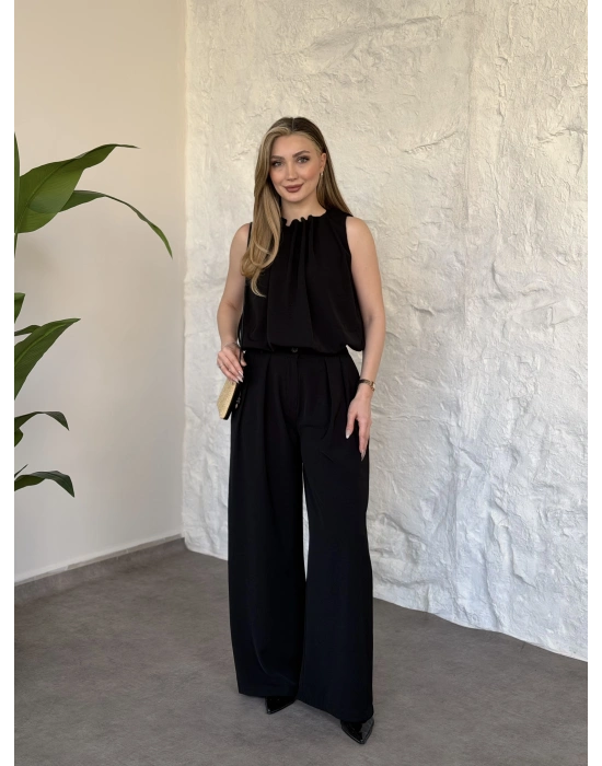 Boyun büzgü ip detaylı takım siyah