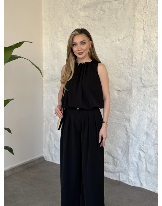 Boyun büzgü ip detaylı takım siyah