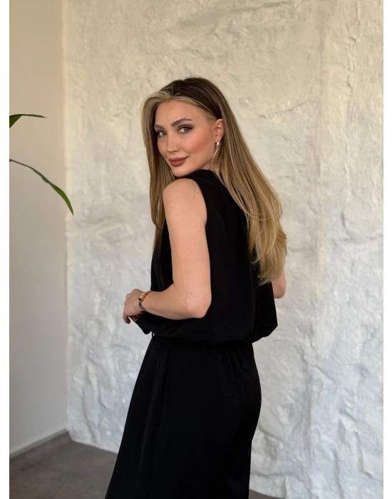 Boyun büzgü ip detaylı takım siyah