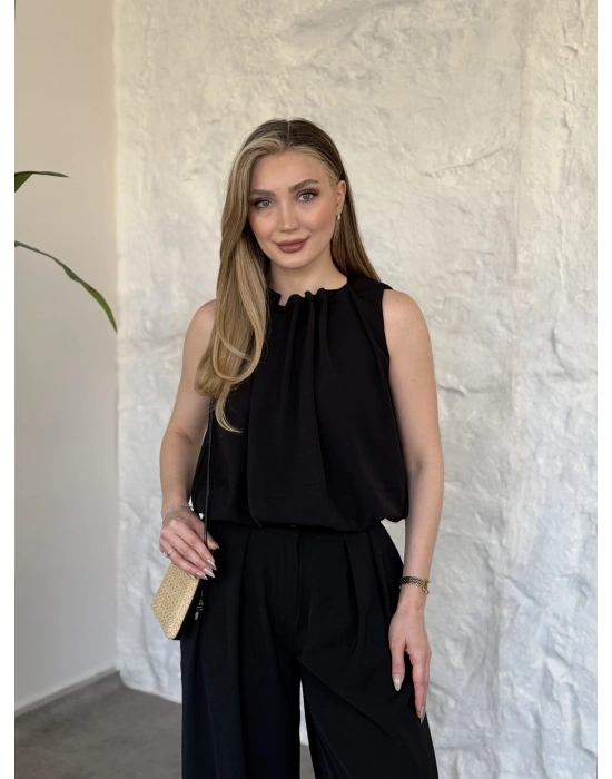 Boyun büzgü ip detaylı takım siyah