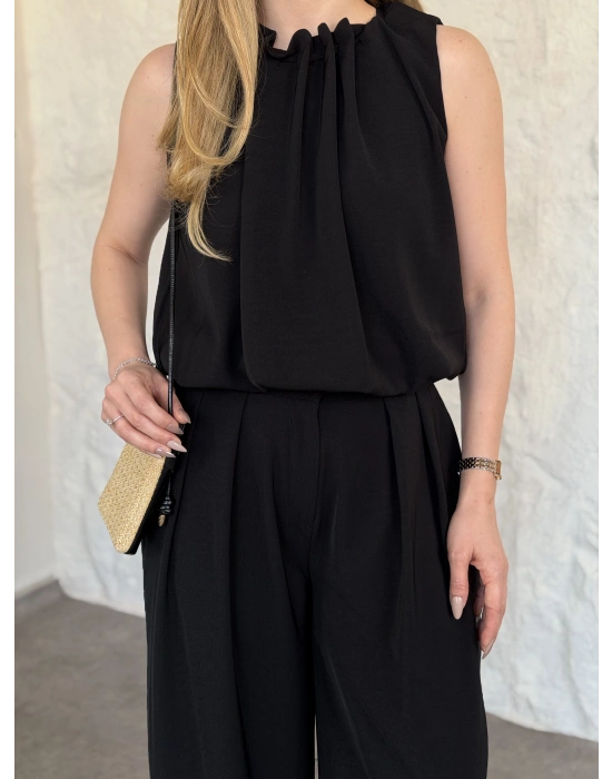 Boyun büzgü ip detaylı takım siyah