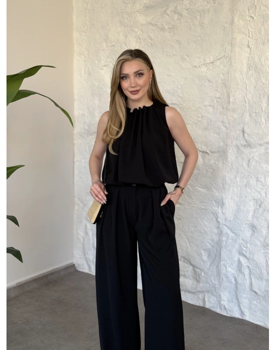 Boyun büzgü ip detaylı takım siyah