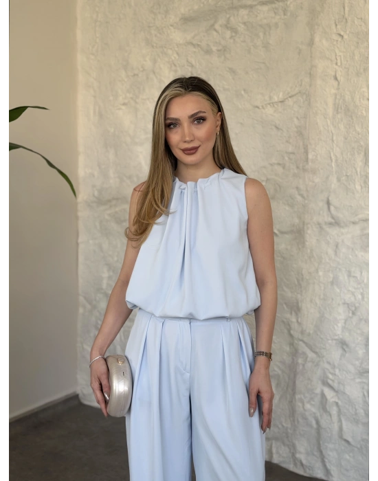 Boyun büzgü ip detaylı takım bebek mavisi