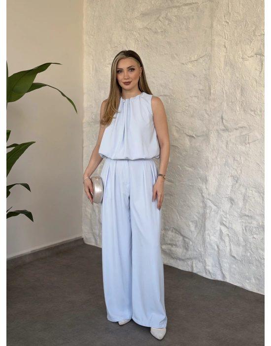 Boyun büzgü ip detaylı takım bebek mavisi