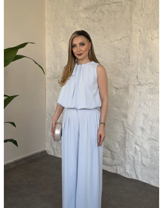 Boyun büzgü ip detaylı takım bebek mavisi