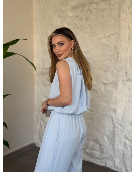 Boyun büzgü ip detaylı takım bebek mavisi