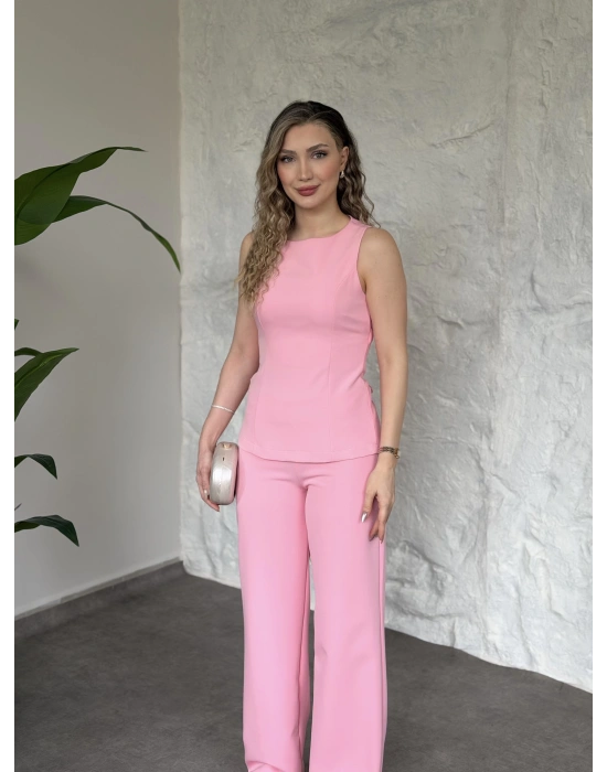 Sırt dekolteli bağlama detaylı takım pembe