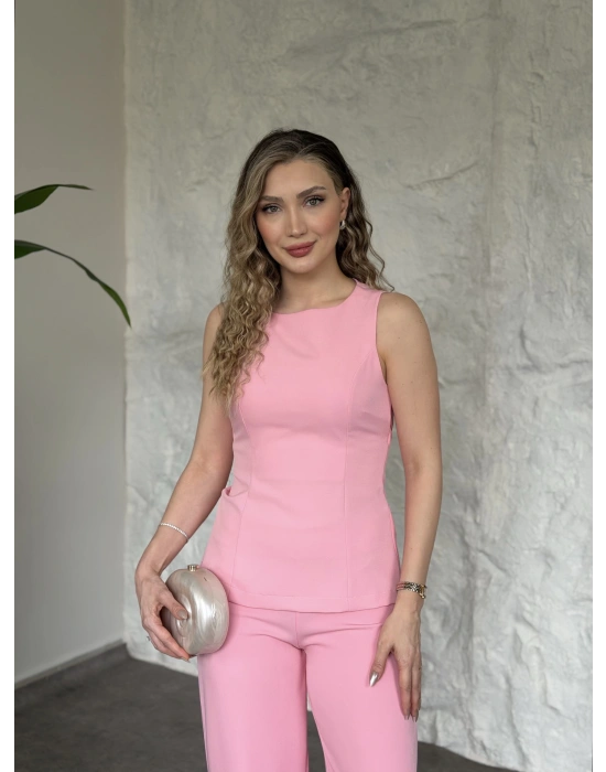 Sırt dekolteli bağlama detaylı takım pembe