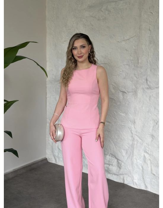 Sırt dekolteli bağlama detaylı takım pembe