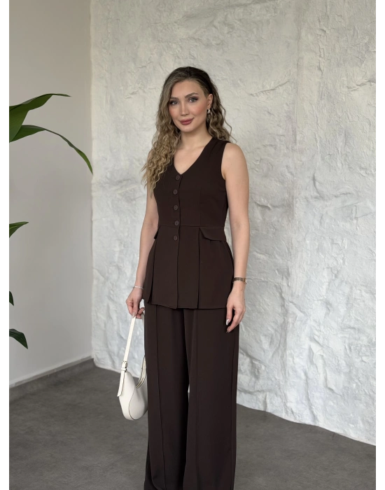 Düğmeli cep görünüm detaylı yelekli linda takım kahve