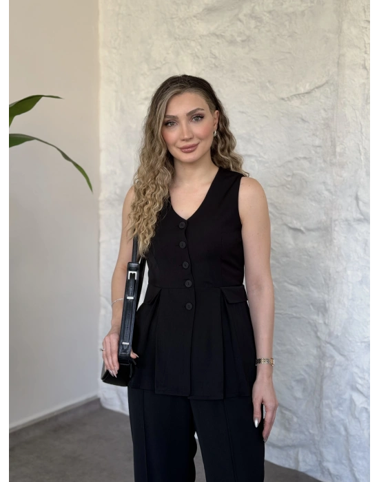 Düğmeli cep görünüm detaylı yelekli linda takım siyah