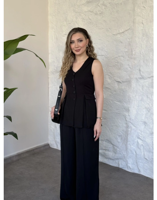 Düğmeli cep görünüm detaylı yelekli linda takım siyah
