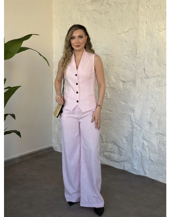 Düğmeli yakalı keten takım pembe