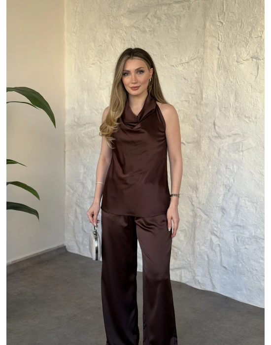 Halter yaka önü drapeli saten takım kahve
