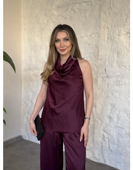 Halter yaka önü drapeli saten takım bordo