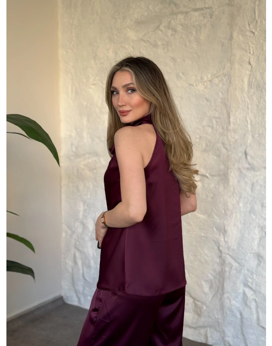 Halter yaka önü drapeli saten takım bordo