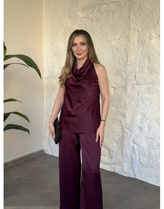 Halter yaka önü drapeli saten takım bordo