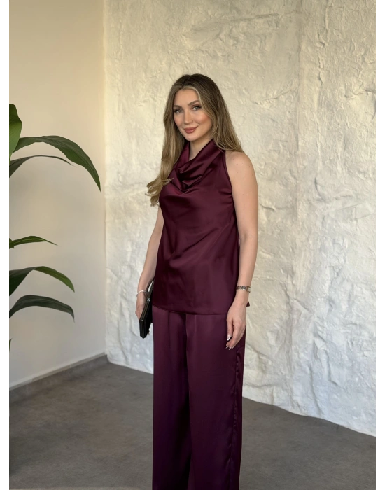 Halter yaka önü drapeli saten takım bordo