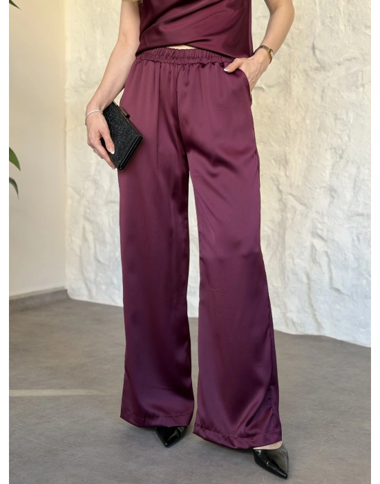 Halter yaka önü drapeli saten takım bordo