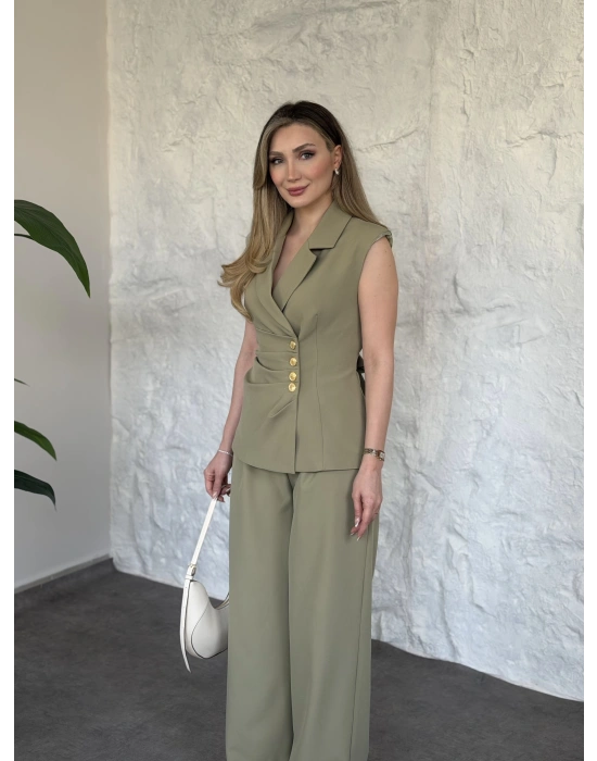 Beli drape detaylı gold düğmeli kuşaklı takım yeşil