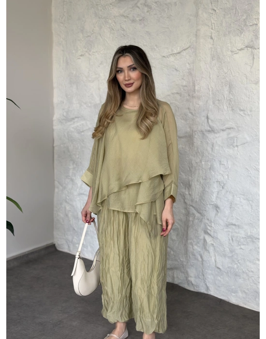 Kendinden kırışık görünümlü oversize takım yeşil