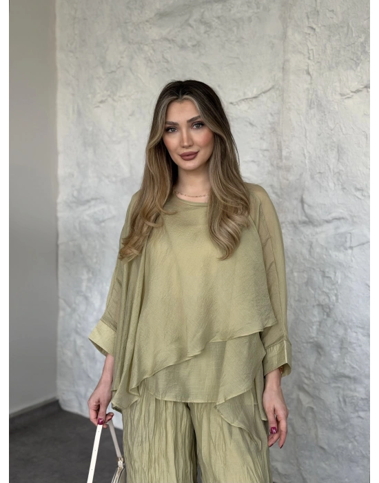 Kendinden kırışık görünümlü oversize takım yeşil