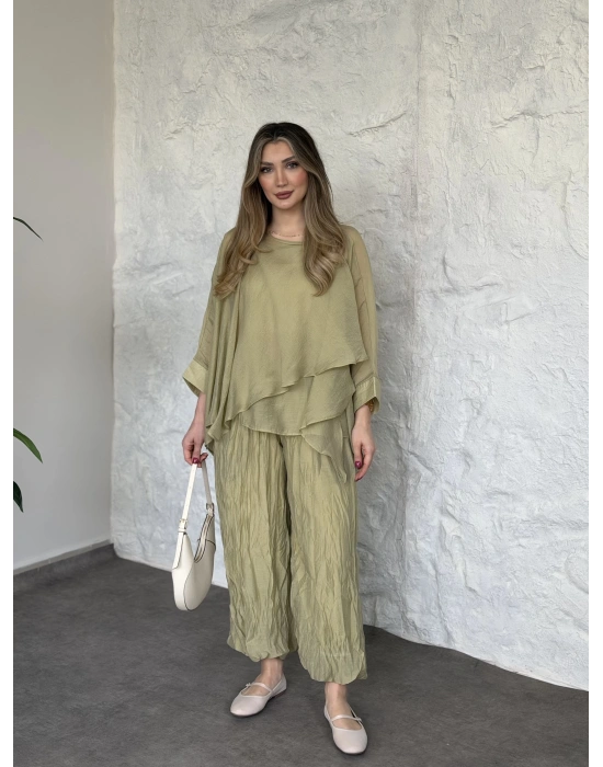 Kendinden kırışık görünümlü oversize takım yeşil
