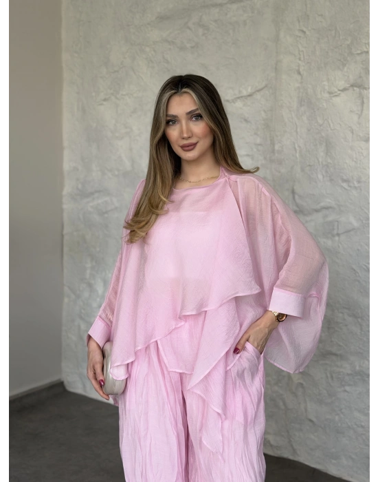 Kendinden kırışık görünümlü oversize takım pembe